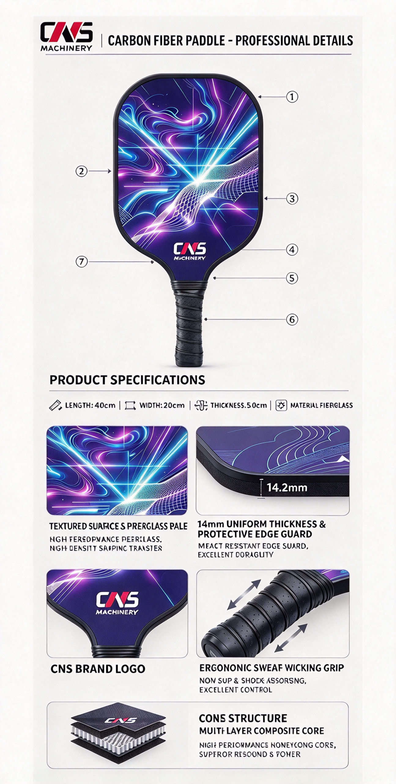 T300 Carbon Fiber Pickleball Paddle – Indoor & Outdoor Play, Enhanced Spin & Control 更换球拍面图并简化底部 2 Scaled